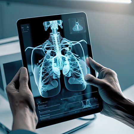 close up of woman hands holding tablet pc with x-ray imageの素材