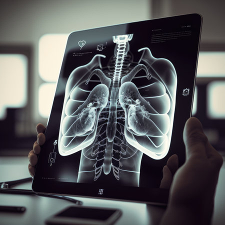 close up of a doctor holding a tablet pc with lungs x-ray imageの素材