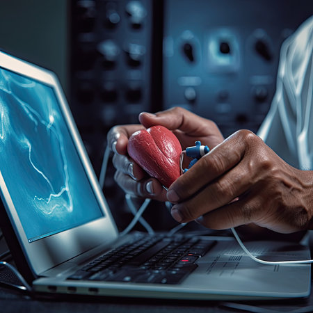 Heart in the hands of a doctor on the background of a computer monitorの素材