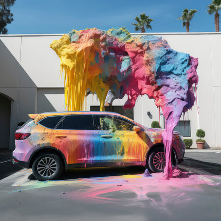 Car covered with colorful splashes of paint. 3d rendering.の素材