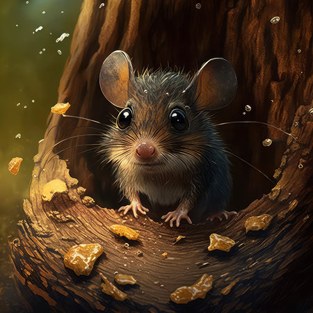 Cute mouse in a hole in a tree. Digital painting.の素材