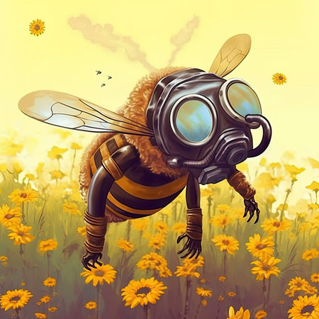 Cartoon illustration of a bee in the field with yellow flowers.の素材