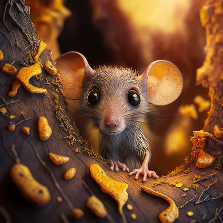 3D rendering of a cute little brown mouse in a forest.の素材