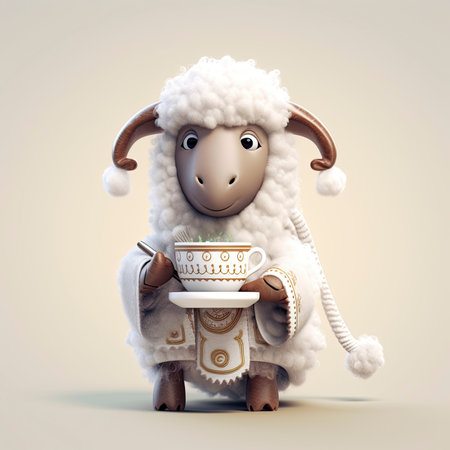 Sheep with a cup of tea in his hand. 3d illustrationの素材