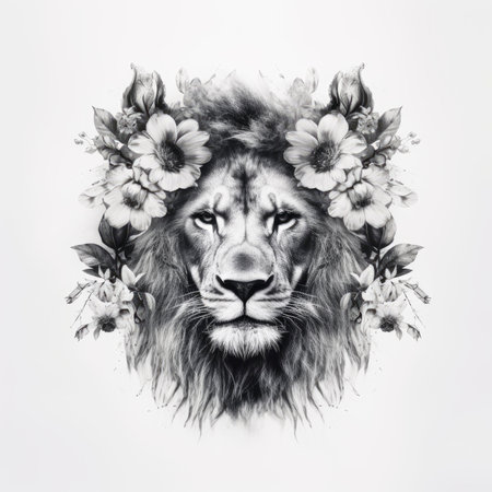 Lion head with floral wreath on white background. Black and white.の素材