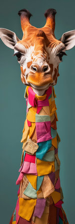 Close-up portrait of a giraffe head made of colorful paperの素材