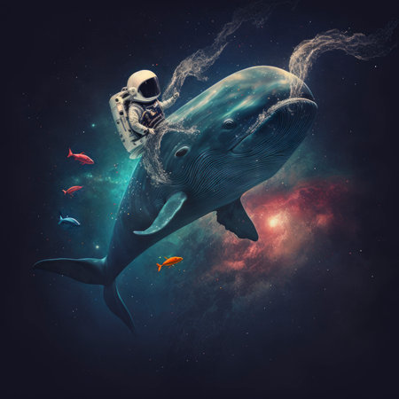 Humpback whale with human skeleton and fish in space. Mixed mediaの素材