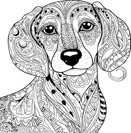 Dachshund dog. Hand drawn doodle illustration for adult coloring pages.のイラスト素材
