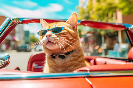 Beautiful red cat in sunglasses and a red car on the streetの素材