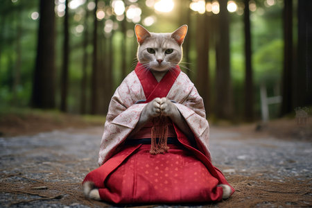 Japanese girl in kimono with a cat in the forest.の素材