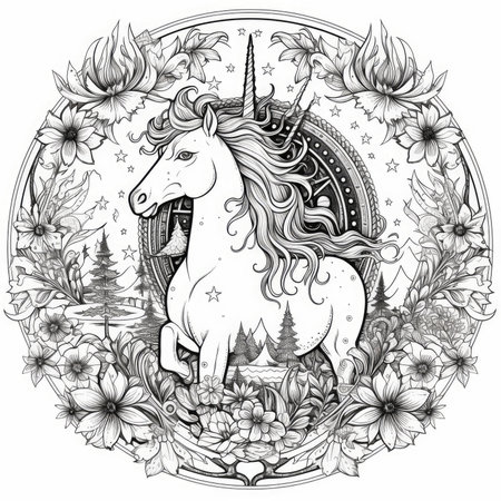 Unicorn in the circle. Hand drawn vector illustration for adult coloring book page.の素材