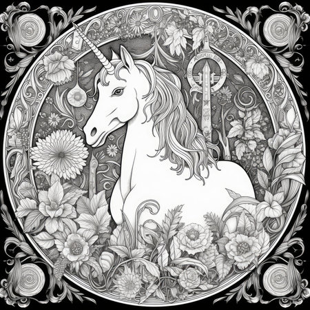 Unicorn with flowers in the frame. Black and white illustration.の素材
