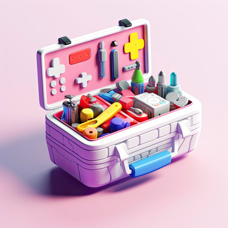 First aid kit in plastic box on pink background. 3d illustrationの素材