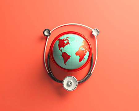 Stethoscope and world map on red background. 3d illustrationの素材