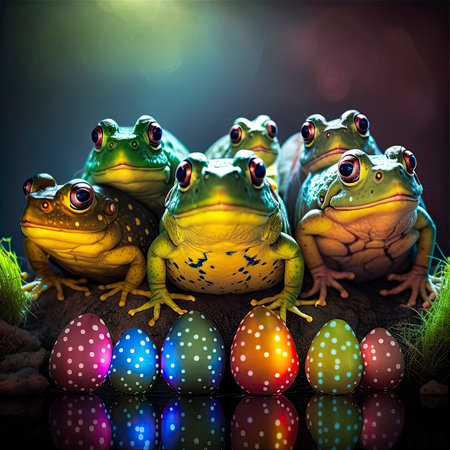 3D render of a group of frogs sitting on the grass with colorful Easter eggsの素材