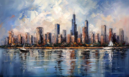 Chicago skyline with skyscrapers on a sunny day. Digital painting.の素材