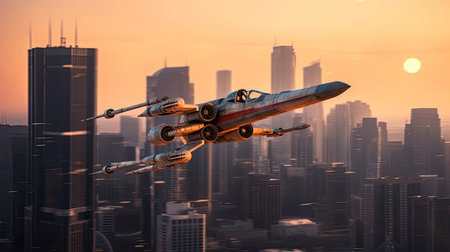 Futuristic aircraft flying over the city at sunset. 3D renderingの素材