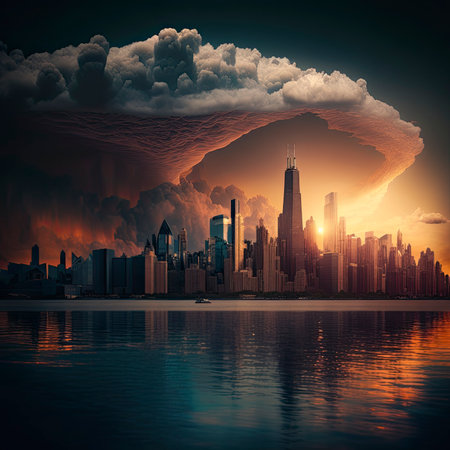 Fantasy landscape with skyscrapers and clouds. 3d renderingの素材