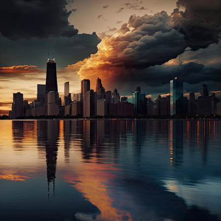 Chicago skyline at sunset with skyscrapers and reflection in lake Michiganの素材