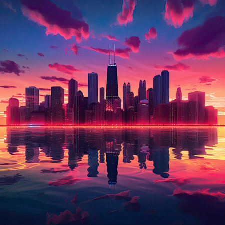 Illustration of a beautiful sunset with skyscrapers in the cityの素材