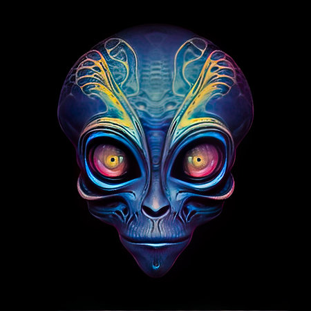 3d rendering of a fantasy alien face isolated on black background.の素材