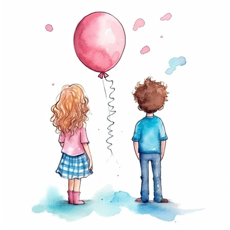 Cute boy and girl with balloon. Hand drawn watercolor illustrationの素材