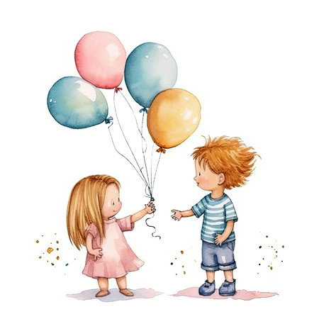 Cute little boy and girl with balloons. Watercolor hand drawn illustrationの素材