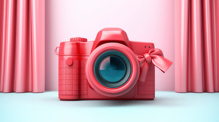 Digital composite of Photo camera with red curtain and red curtains. 3d renderingの素材