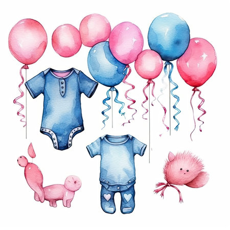 Watercolor set of baby clothes and accessories for newborns. Vector illustrationの素材
