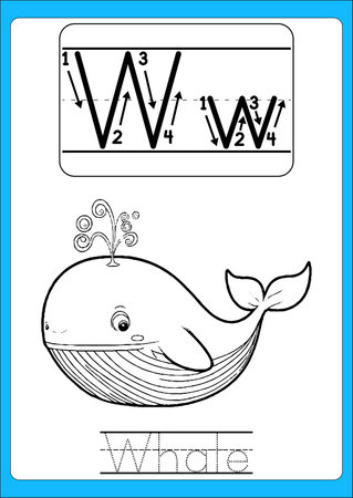 Coloring book for children: Letter W - Whale. Vector illustrationのイラスト素材