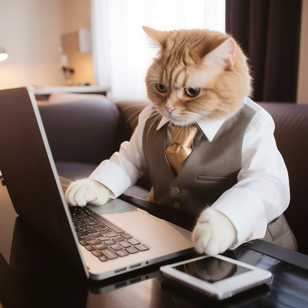 Cute ginger cat in a suit and tie working on a laptop.の素材
