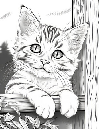 Siberian kitten on a wooden fence, sketch for your designの素材