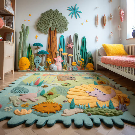 Interior of a children's room with a bed and colorful toysの素材
