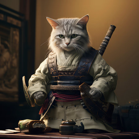 Huge cat in a kimono with a katana.の素材