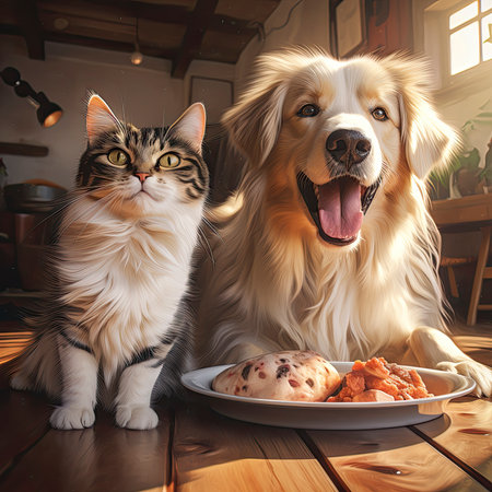 Golden Retriever dog and cat eating food in the kitchen.の素材