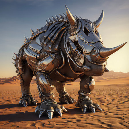 Rhinoceros in the desert. 3D illustration. Fantasy.の素材