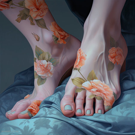Beautiful female feet with flowers on a blue background. 3d renderingの素材