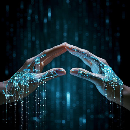 Conceptual image of human hands creating form with digital connection linesの素材