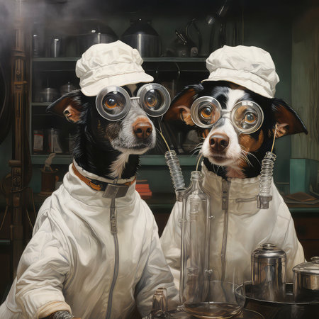 Two dogs in a gas mask and a chemical lab coat at the laboratoryの素材