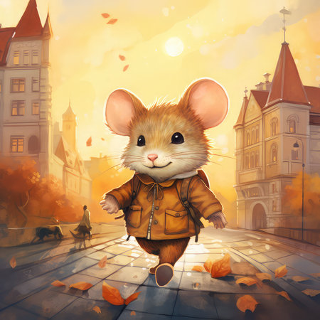 Cute little mouse in a jacket walking in the autumn city.の素材