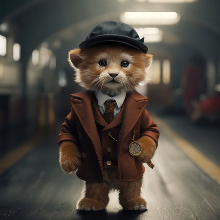 Cute cat in brown coat, hat and bow tie. Fashion concept.の素材