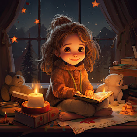 Little girl reading a book by the window at night, 3d illustrationの素材