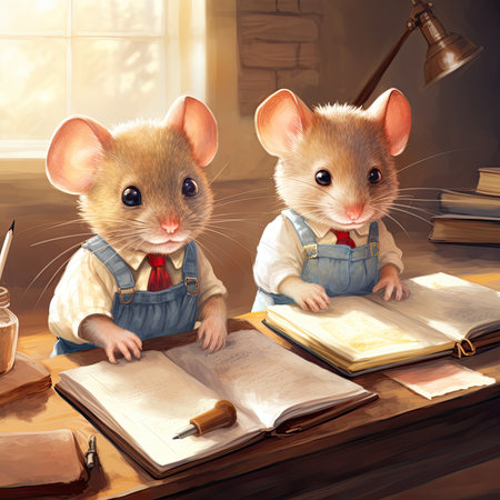 Two cute little mice sitting at the table and reading a book.の素材