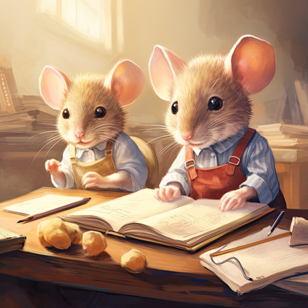Two cute little mice are sitting at the table and reading a book.の素材