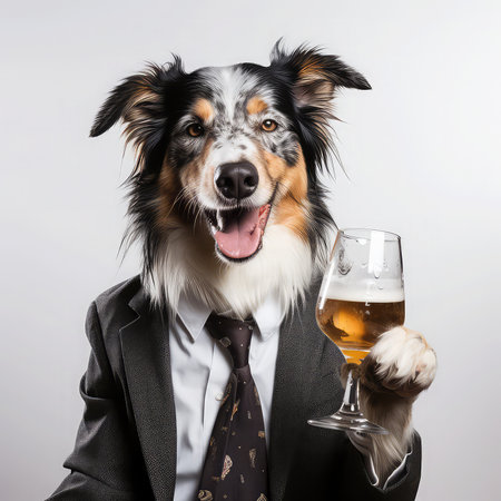 Portrait of australian shepherd dog with a glass of beerの素材