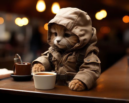 Cute ginger cat in warm jacket with cup of coffee in cafeの素材