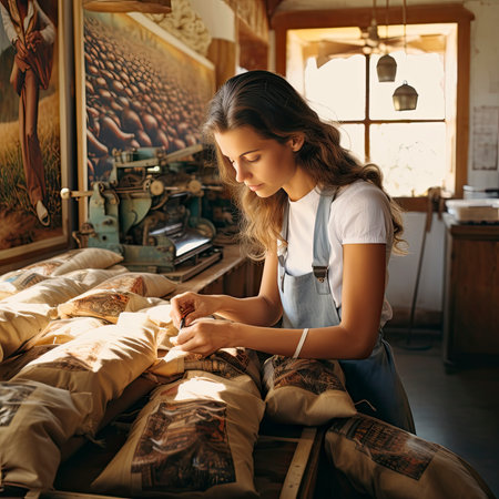 Side view of a young woman in apron making bed at home.の素材