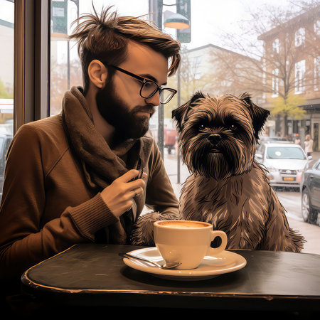 A bearded hipster man in a coat and glasses is sitting in a cafe with a dog.の素材