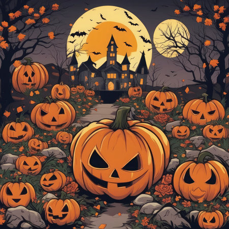 Halloween background with pumpkins and haunted house. Vector illustration.の素材