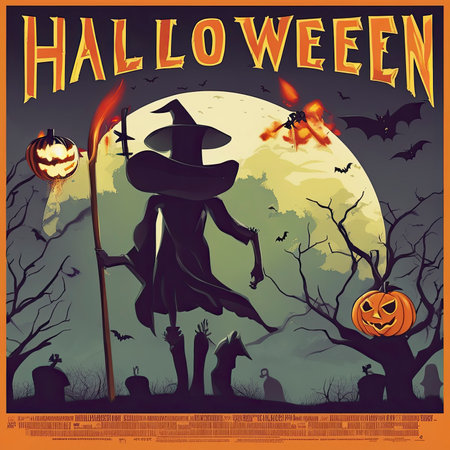 Halloween background with witch, pumpkins and bats. Vector illustration.の素材